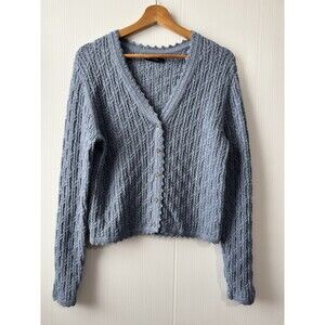 Gap Women’s CashSoft Pointelle Crop Cardigan Sweater Blue Cloud Sz L